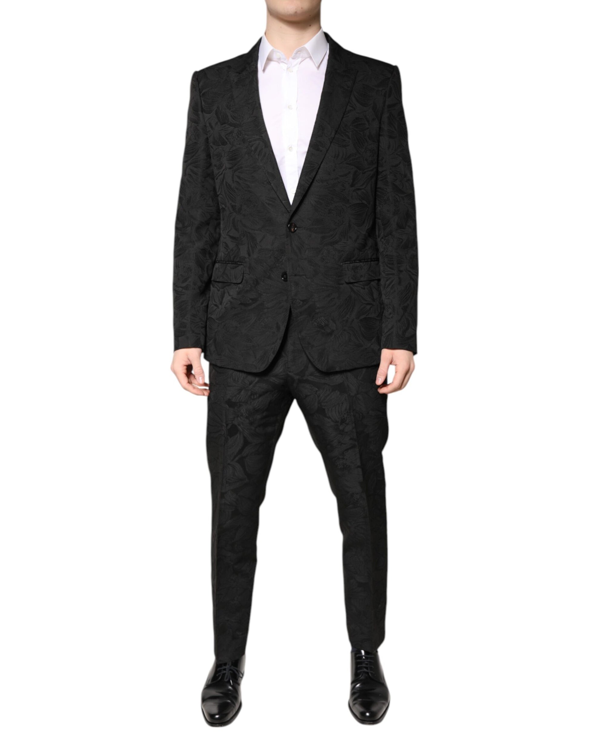 Black Polyester Floral Jacquard 2 Piece Suit