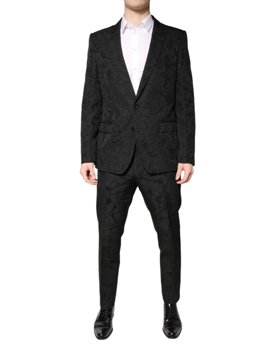 Black Polyester Floral Jacquard 2 Piece Suit