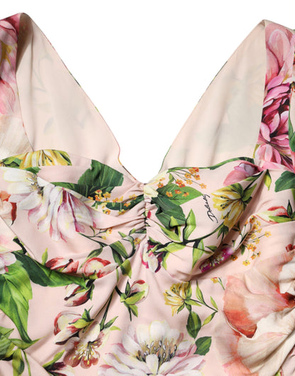 Pink Floral Silk Fit And Flared Midi Dress