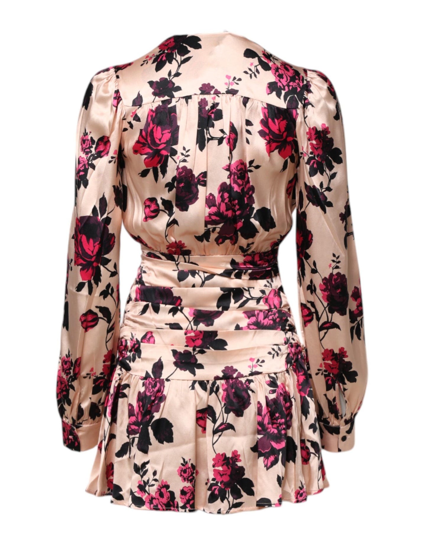 Pink Floral Silk Long Sleeves V-neck Wrap Mini Dress