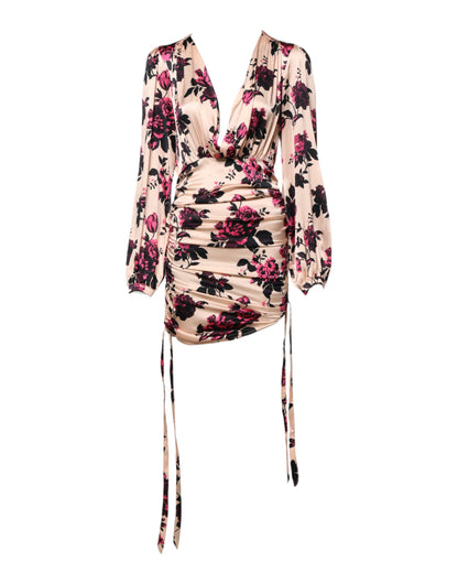 Pink Floral Silk Long Sleeves V-neck Ruched Mini Dress