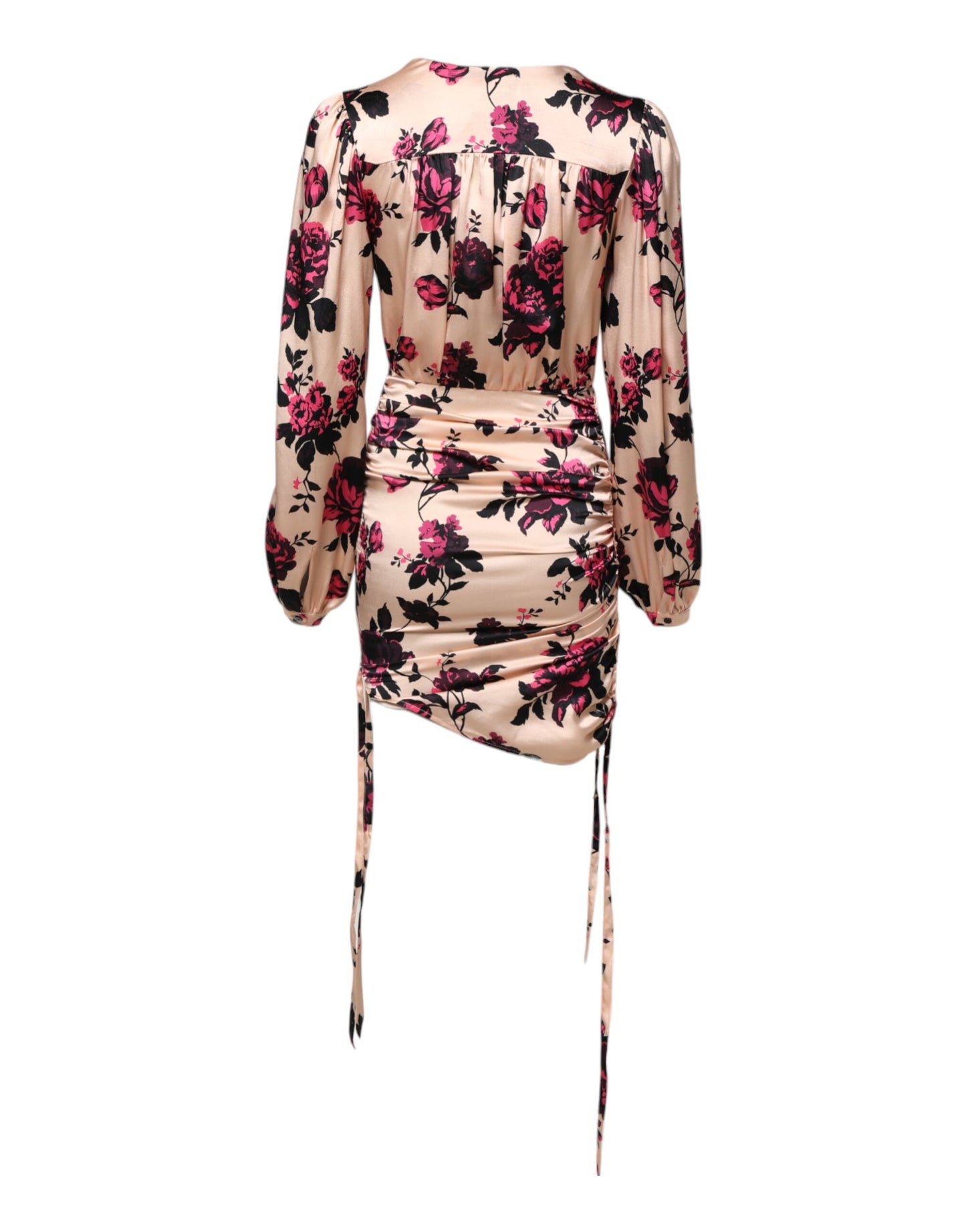 Pink Floral Silk Long Sleeves V-neck Ruched Mini Dress