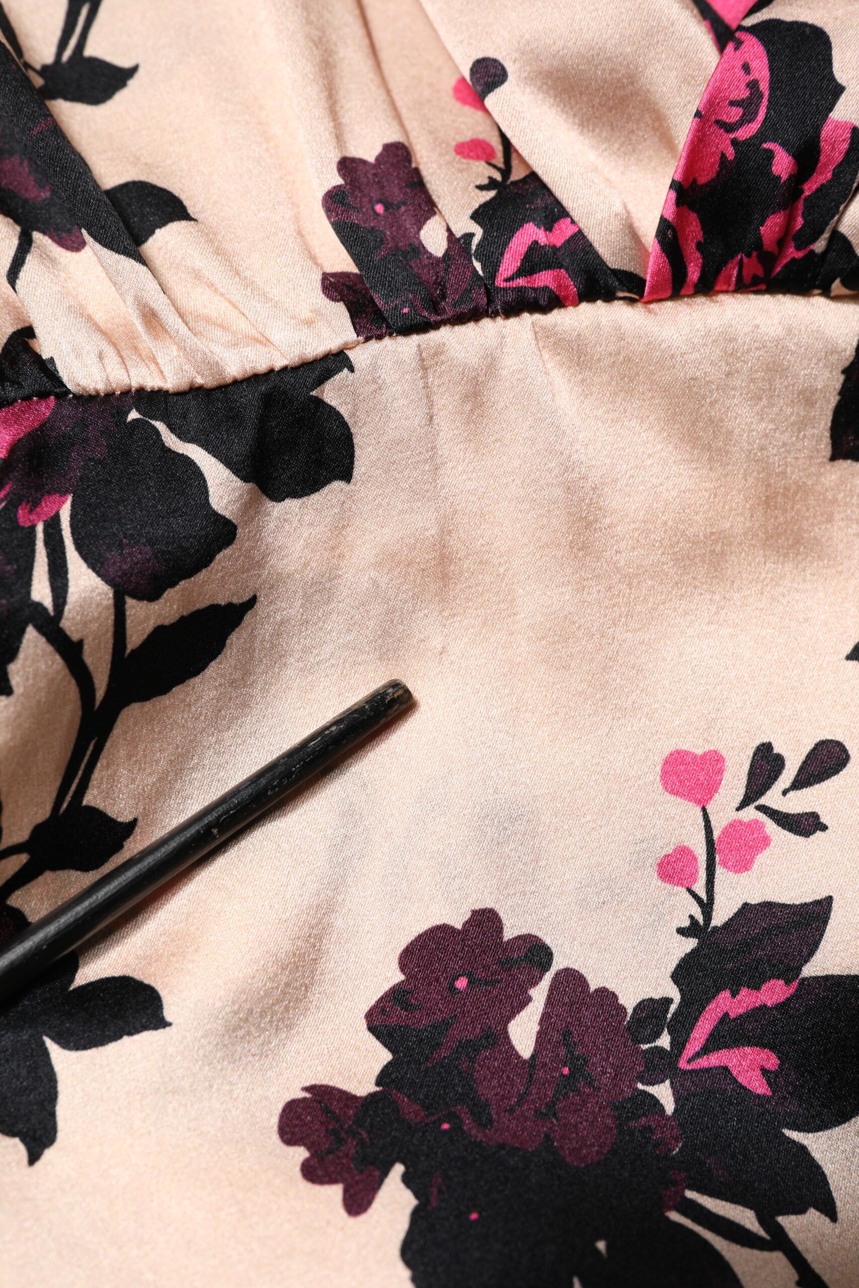 Pink Floral Silk Long Sleeves V-neck Ruched Mini Dress