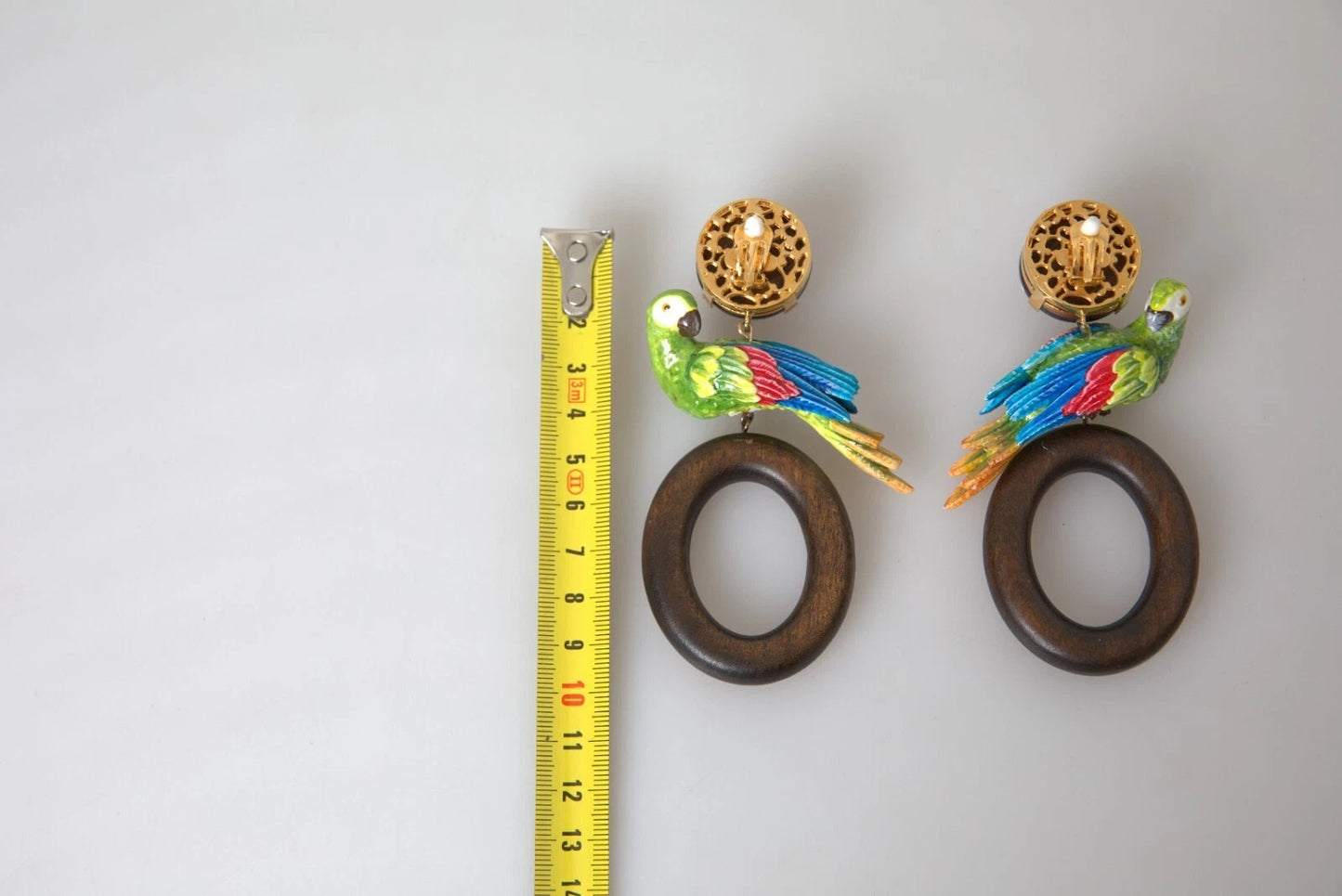 Multicolor Parrot Wood Brass Crystal Embellished Earrings
