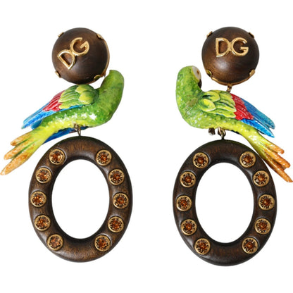 Multicolor Parrot Wood Brass Crystal Embellished Earrings