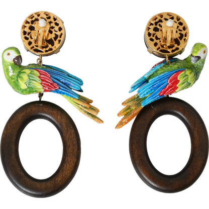 Multicolor Parrot Wood Brass Crystal Embellished Earrings