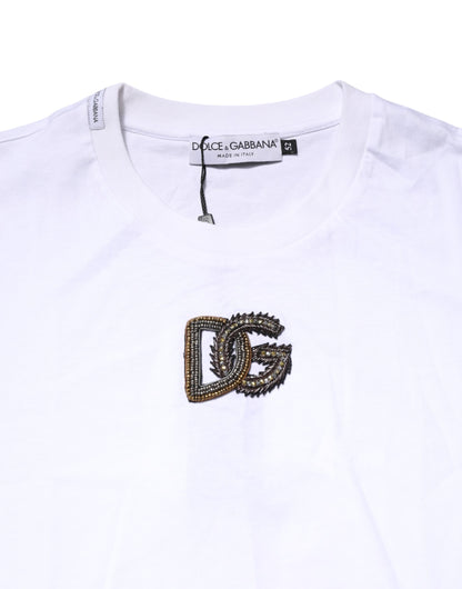 White Logo Embroidery Crew Neck T-shirt