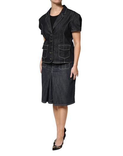 Black Cotton Blend Denim Top Skirt Casual Set