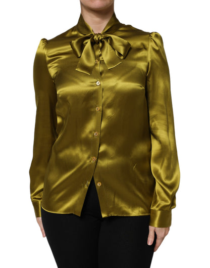 Green Ascot Collar Long Sleeves Blouse Top