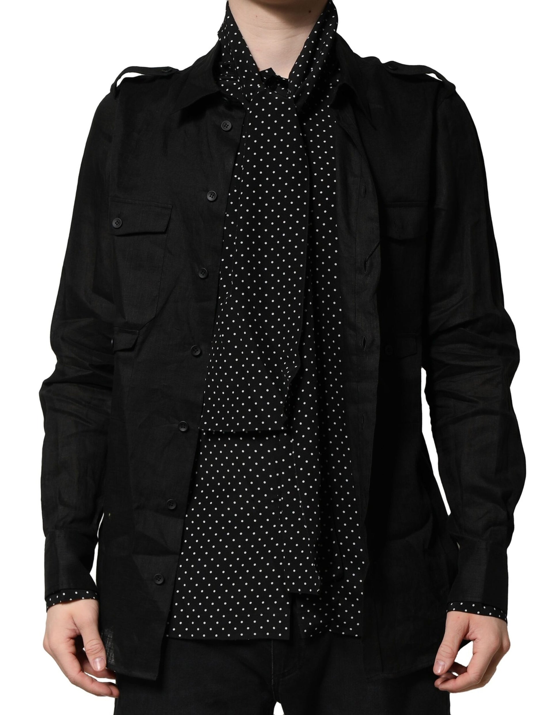 Black Polka Dot Linen Silk Men Casual Shirt