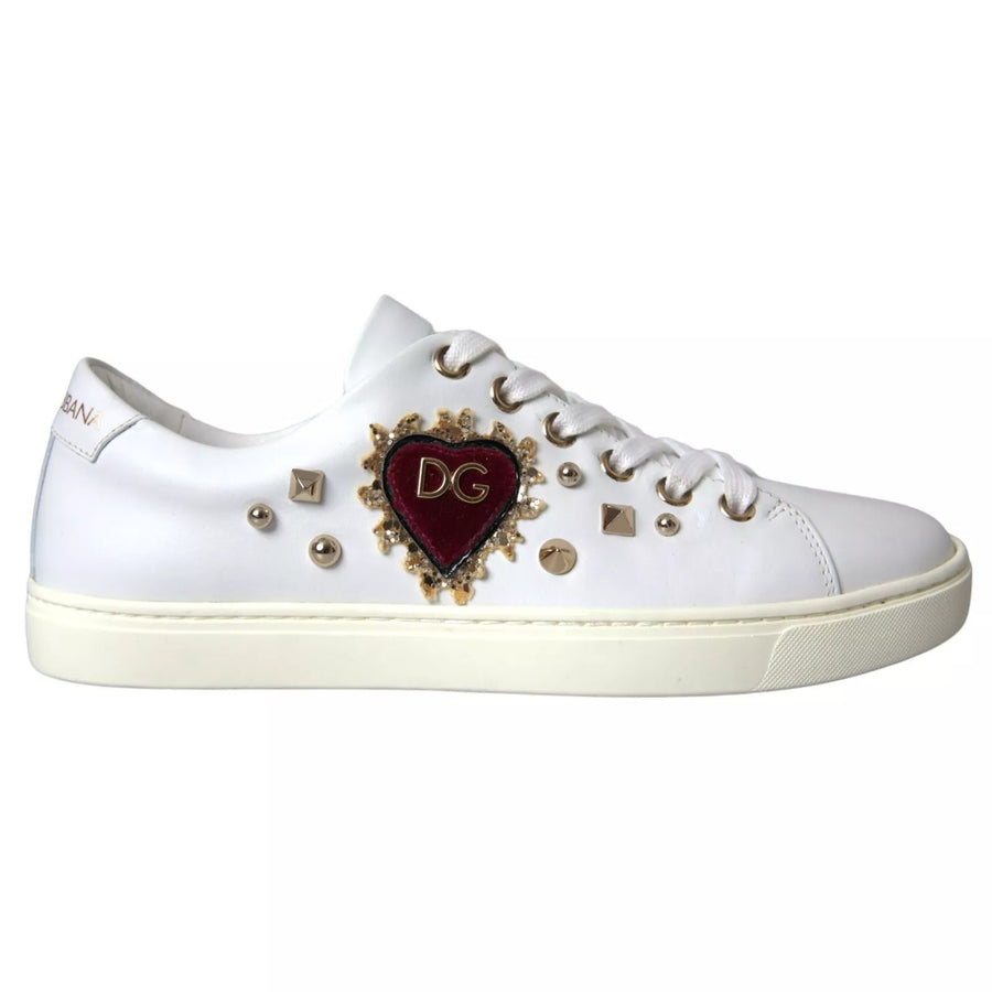 White Leather Gold Red Heart Sneakers Shoes