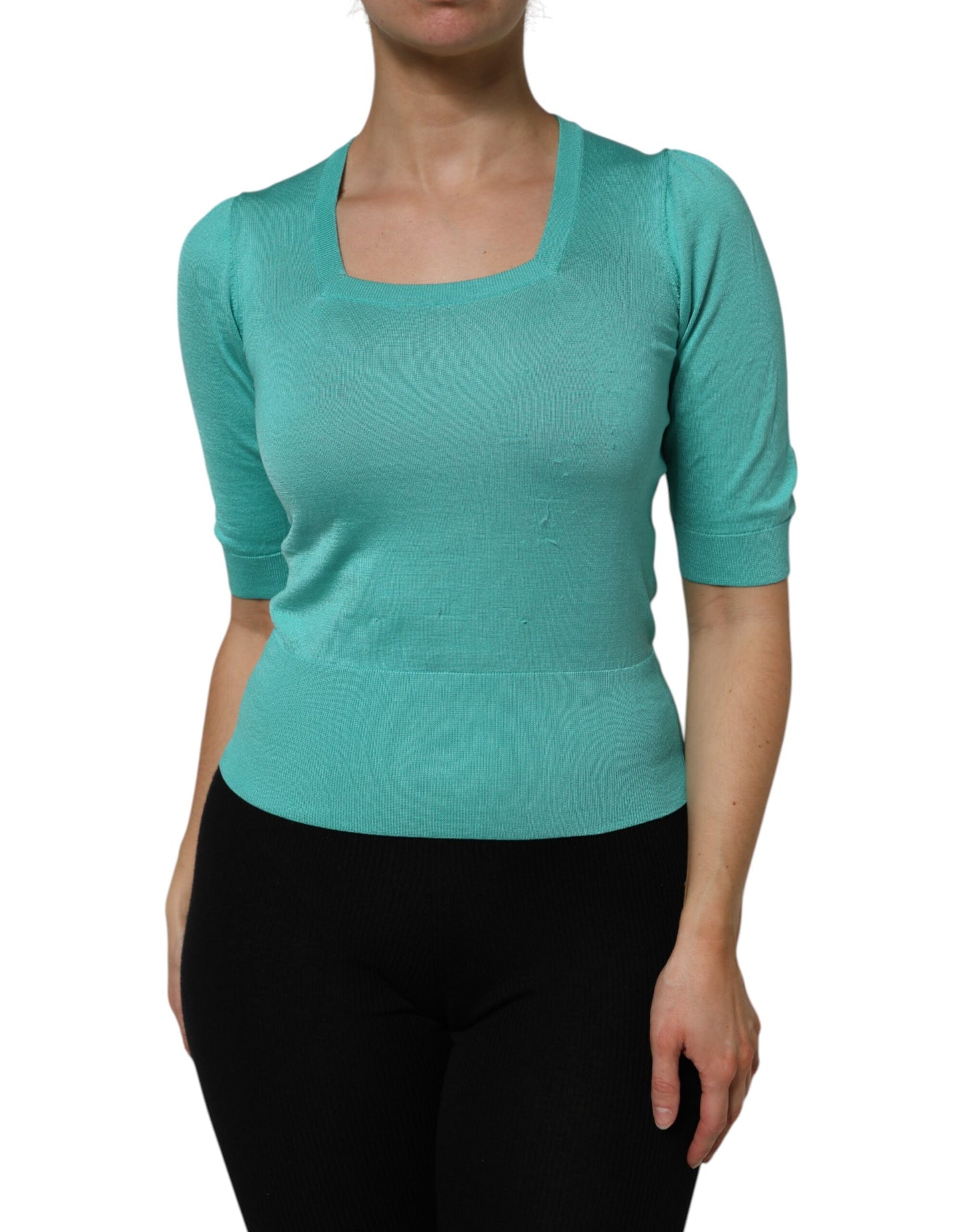 Aqua Blue Silk Short Sleeves Square Neck Top