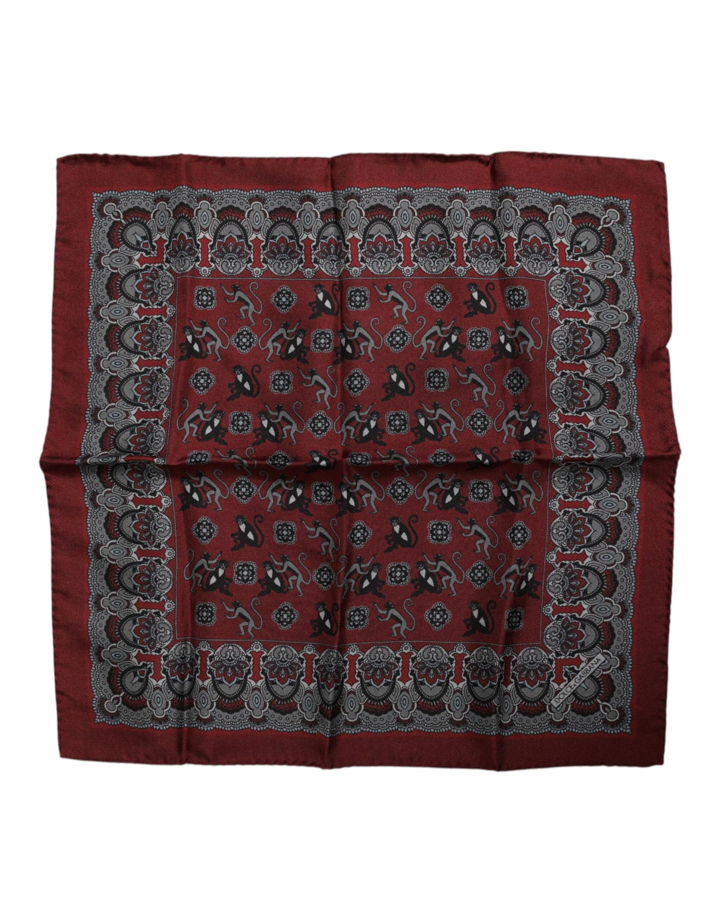 Maroon Monkey Print Silk Square Foulard Scarf