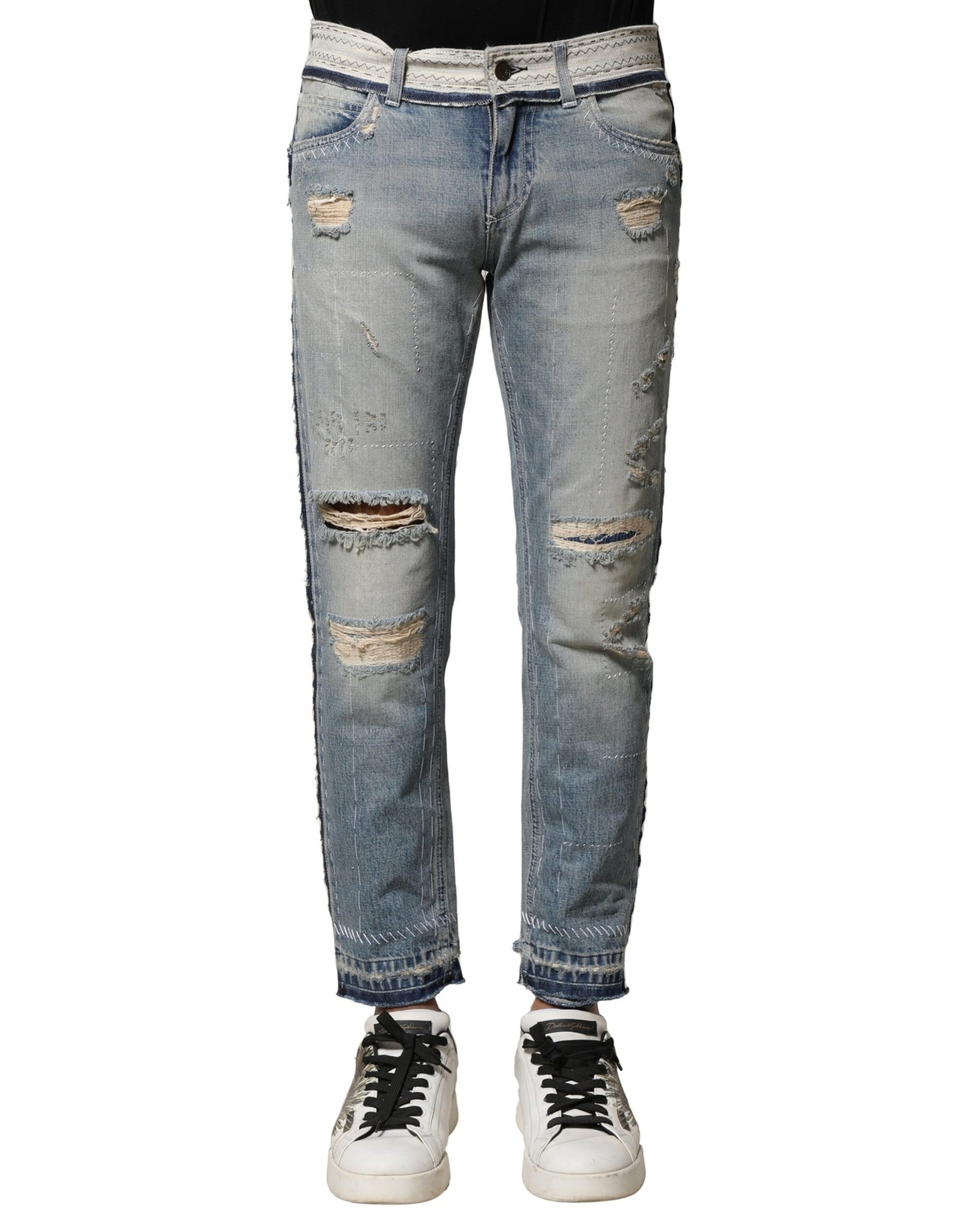 Light Blue Tattered Straight Men Denim Jeans