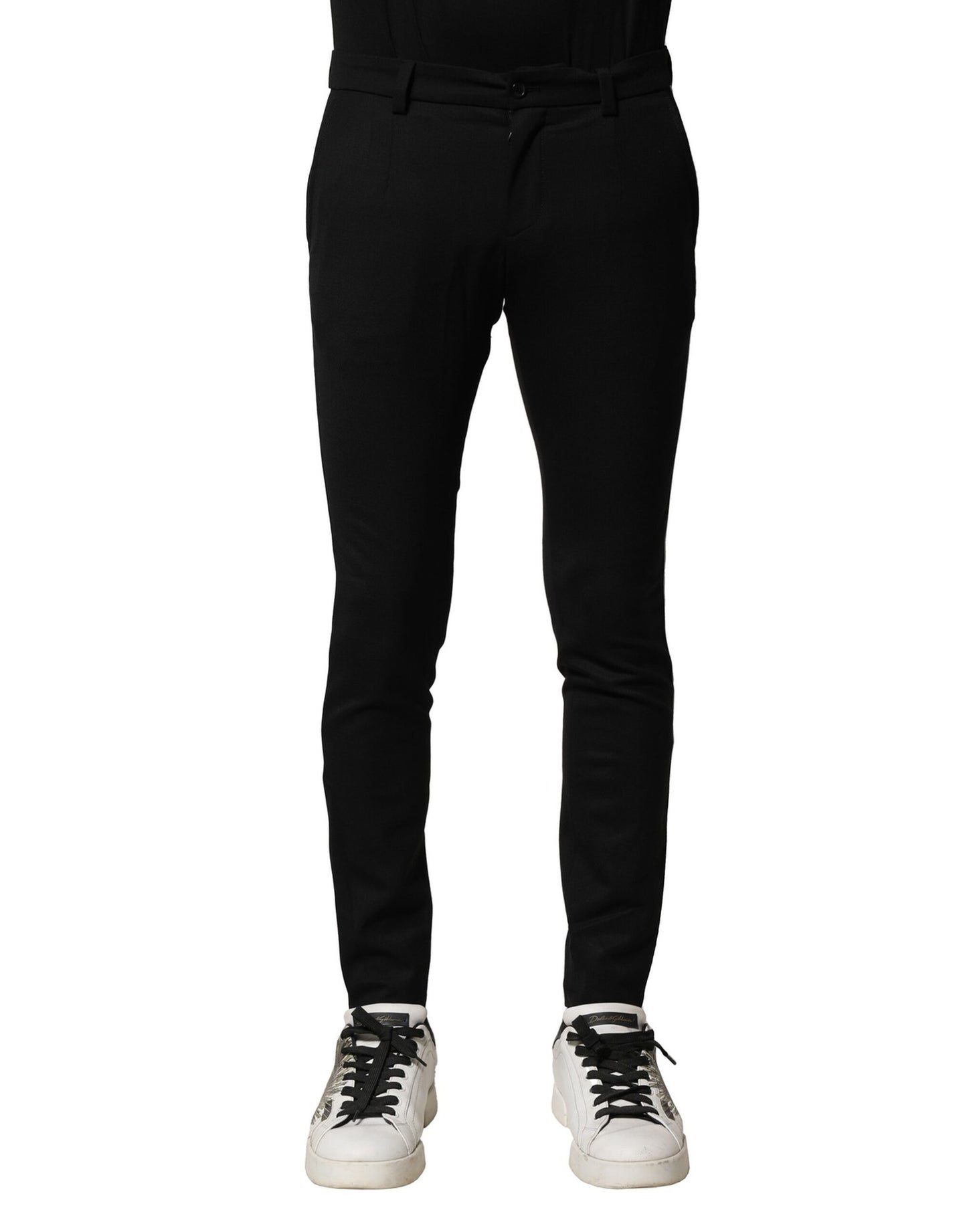 Black Wool Men Skinny Mid Waist Pants
