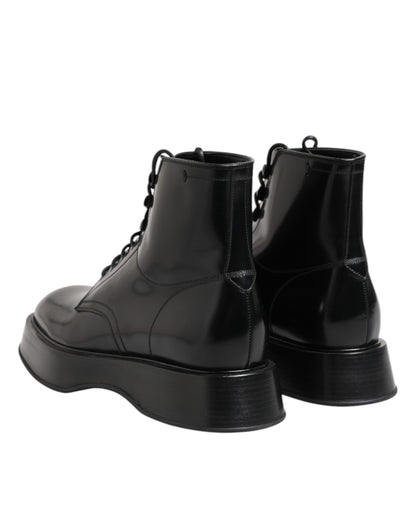 Black Leather Logo Ankle Boots Lace Up Shoes