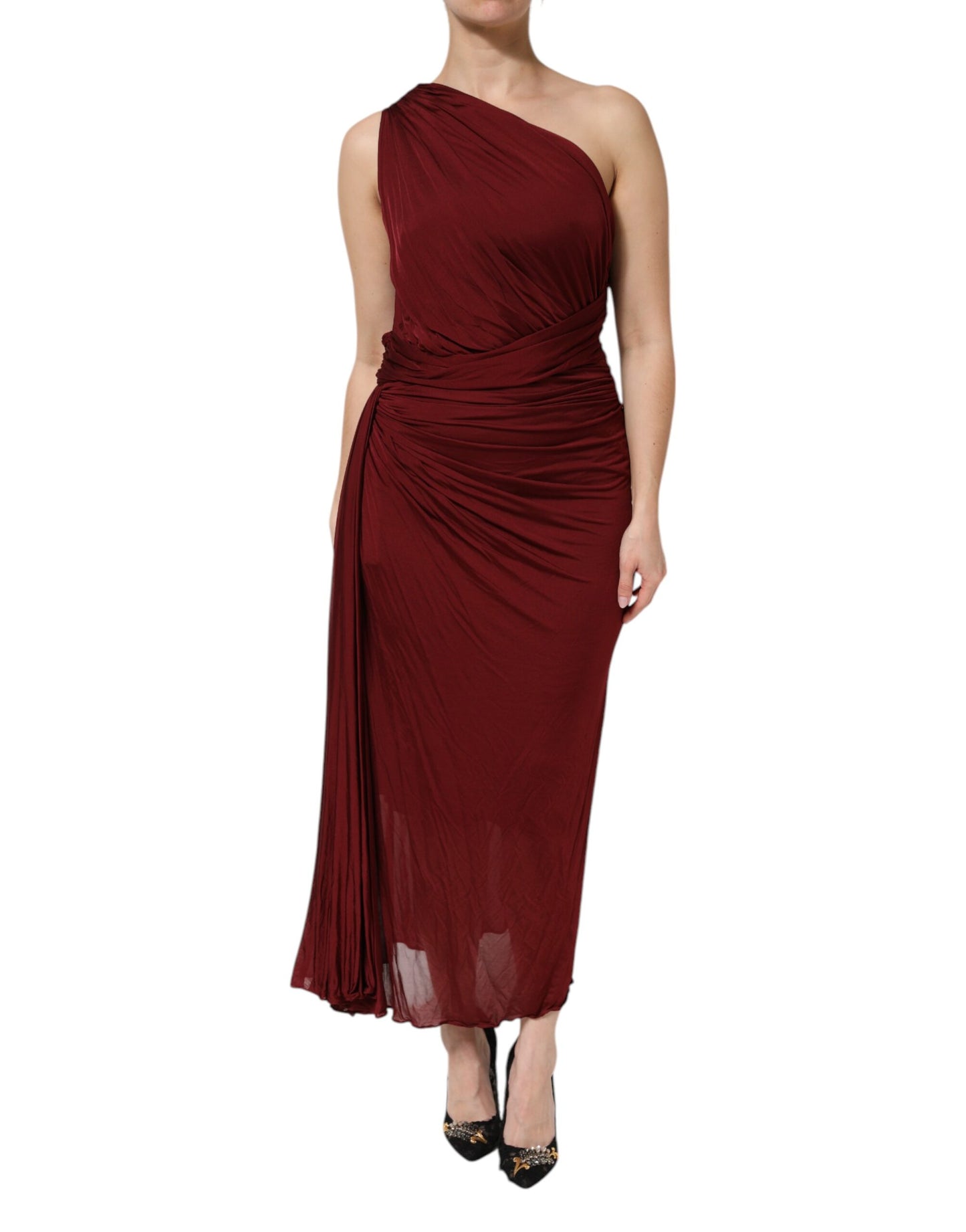 Red Viscose Fitted One Shoulder Midi Dress