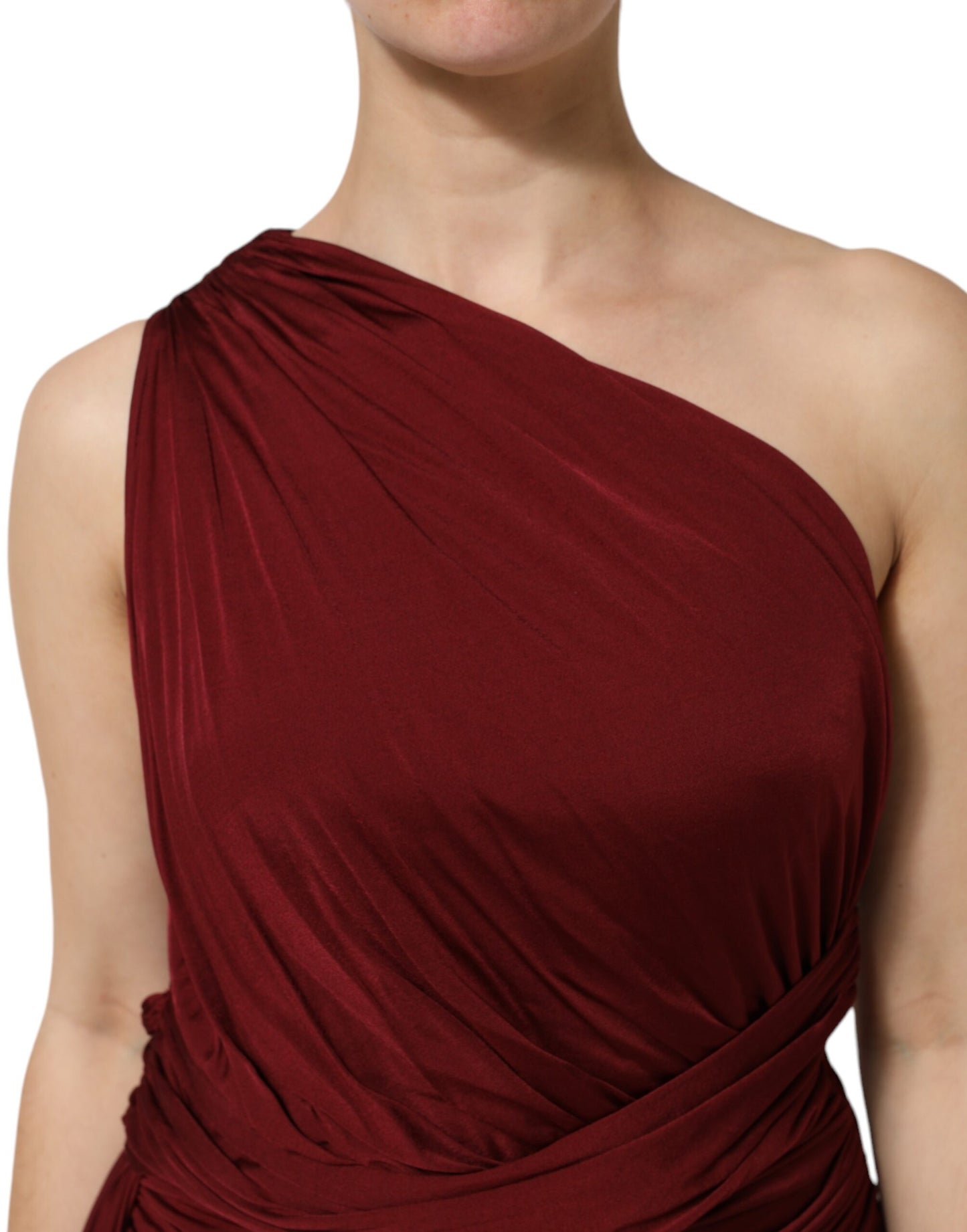 Red Viscose Fitted One Shoulder Midi Dress