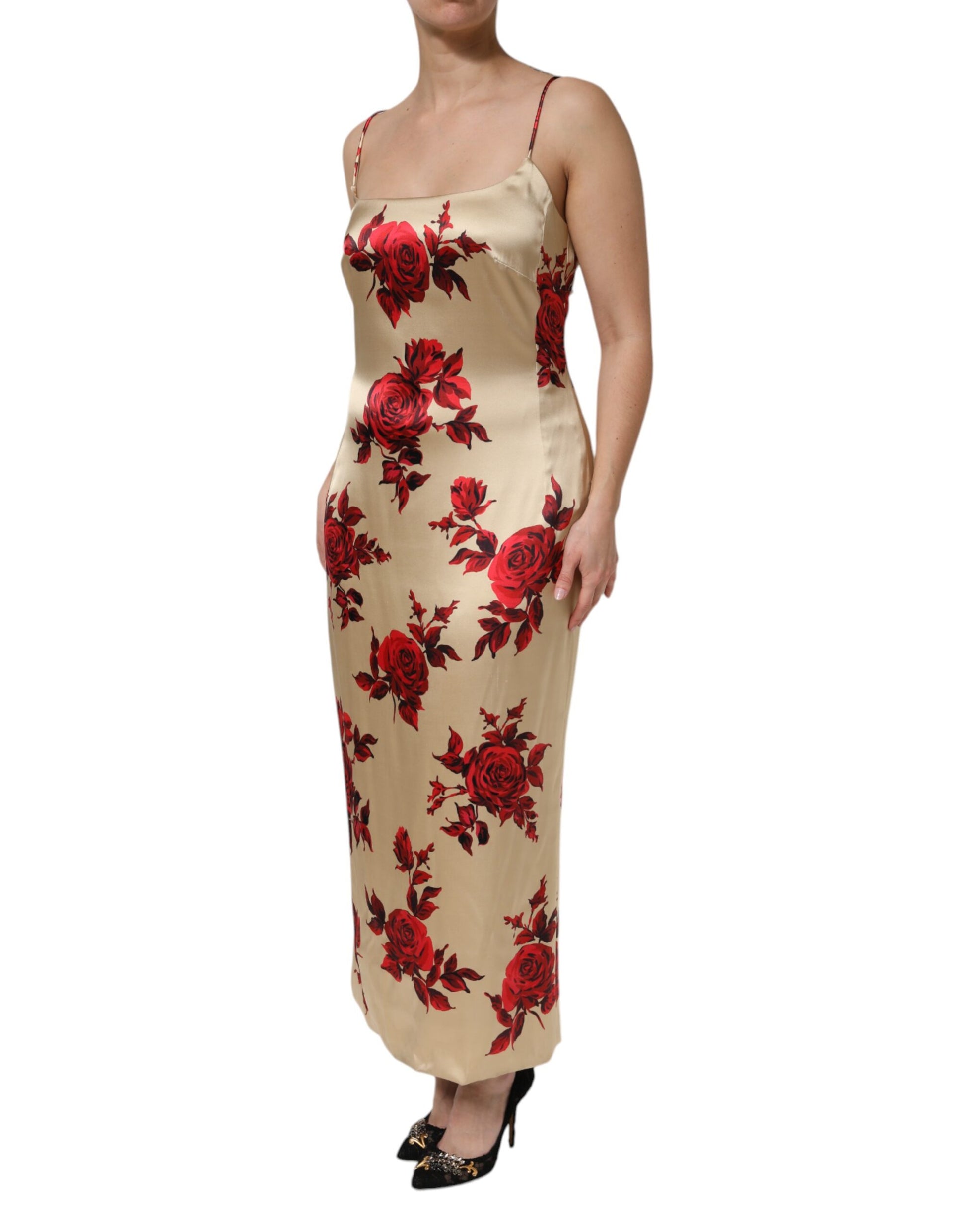 Beige Floral Spaghetti Strap Sheath Dress