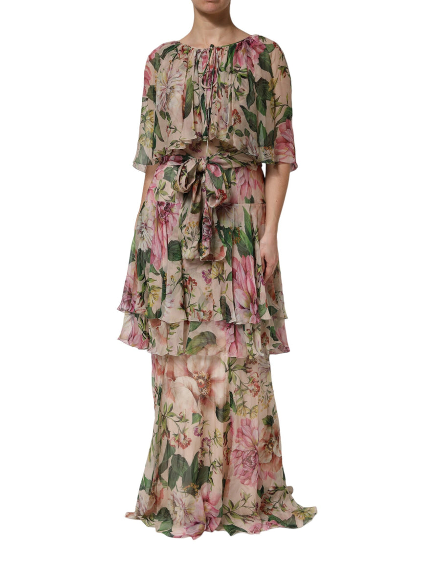 Pink Floral Print Tiered Long Maxi Dress