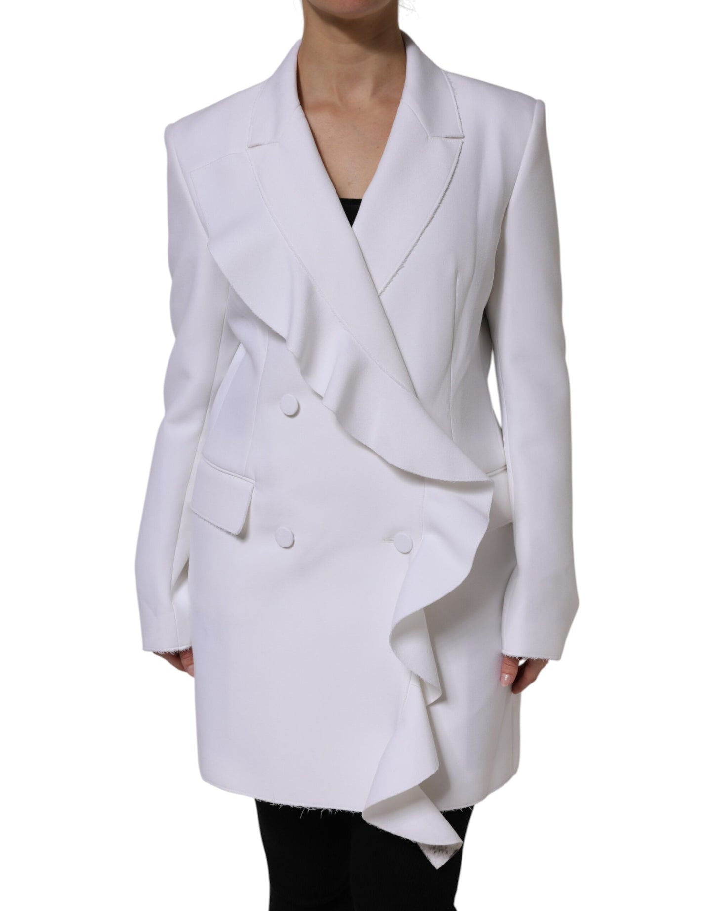 White Polyester Long Sleeves Ruffled Wrap Jacket