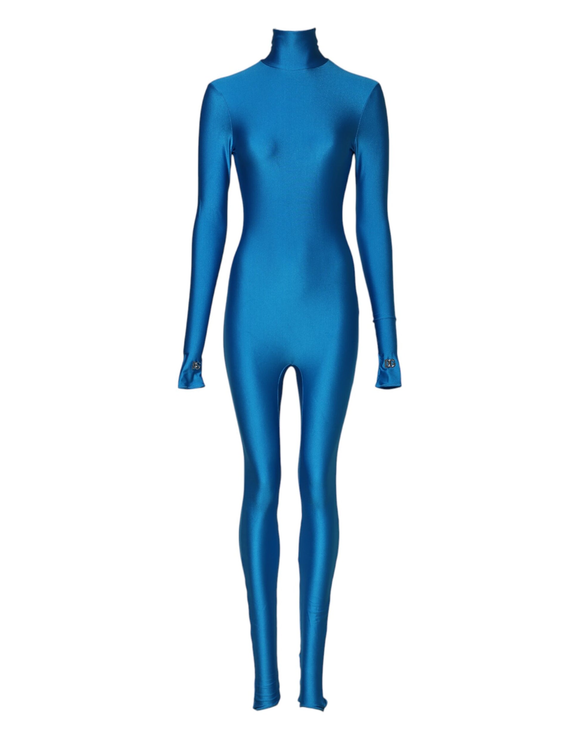 Blue Nylon Turtleneck Bodycon Jumpsuit Dress