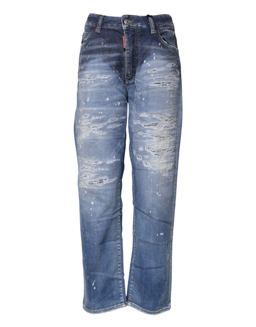Blue Tattered Cotton Mid Waist Straight Denim Jeans