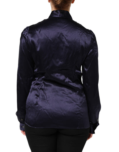 Dark Purple Silk Ascot Collared Blouse Top