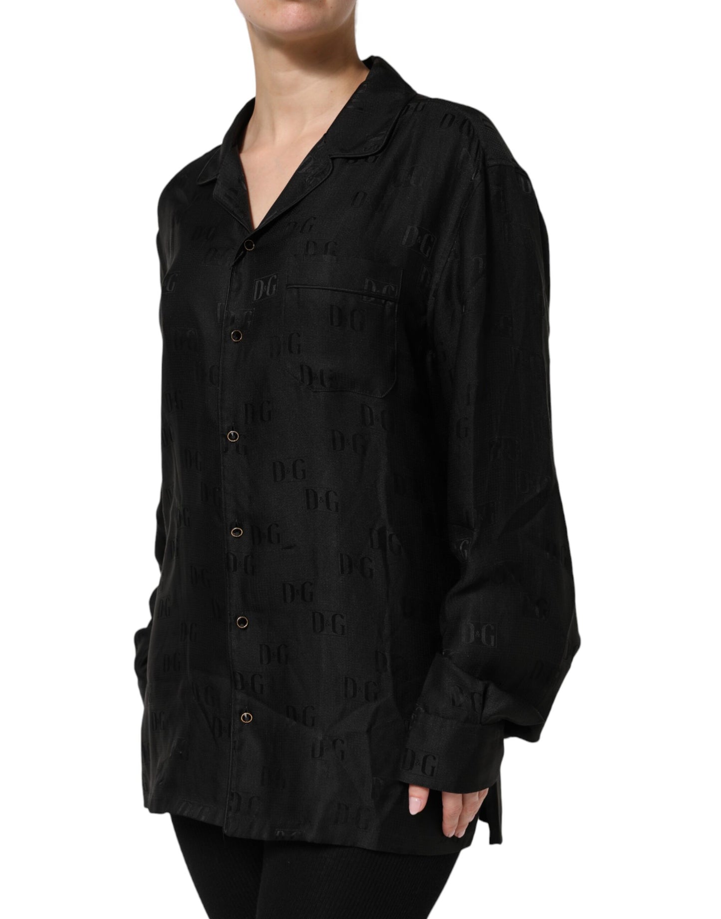 Black Silk DG Embroidery Long Sleeves Top