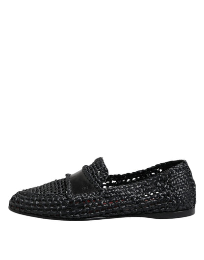 Black Woven Leather Slip On Loafers Men Shoes