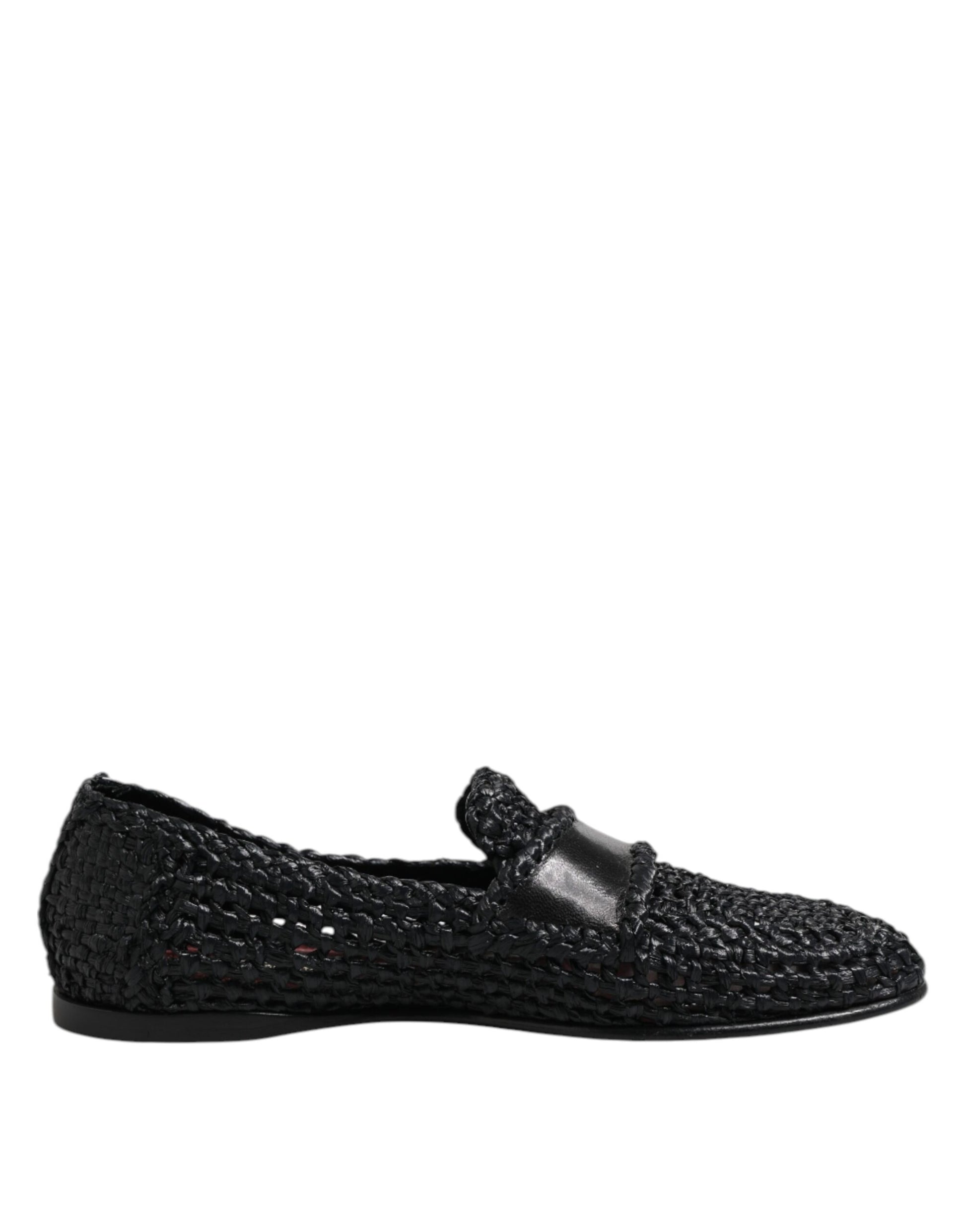 Black Woven Leather Slip On Loafers Men Shoes