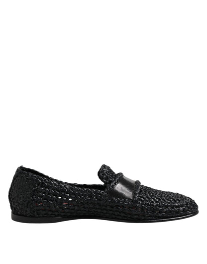Black Woven Leather Slip On Loafers Men Shoes