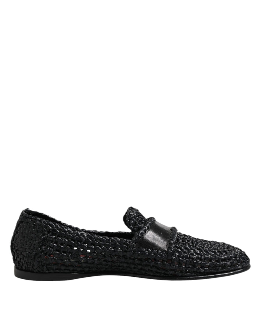 Black Woven Leather Slip On Loafers Men Shoes