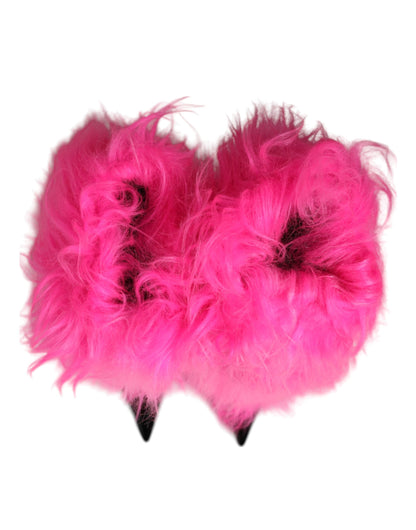 Pink Faux Fur Leather High Heels Boots Shoes