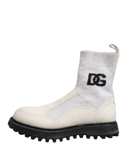 White Beige DG Logo Mid Calf Boots Shoes