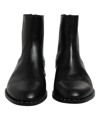 Black Leather Logo Ankle Boots Studded Shoes