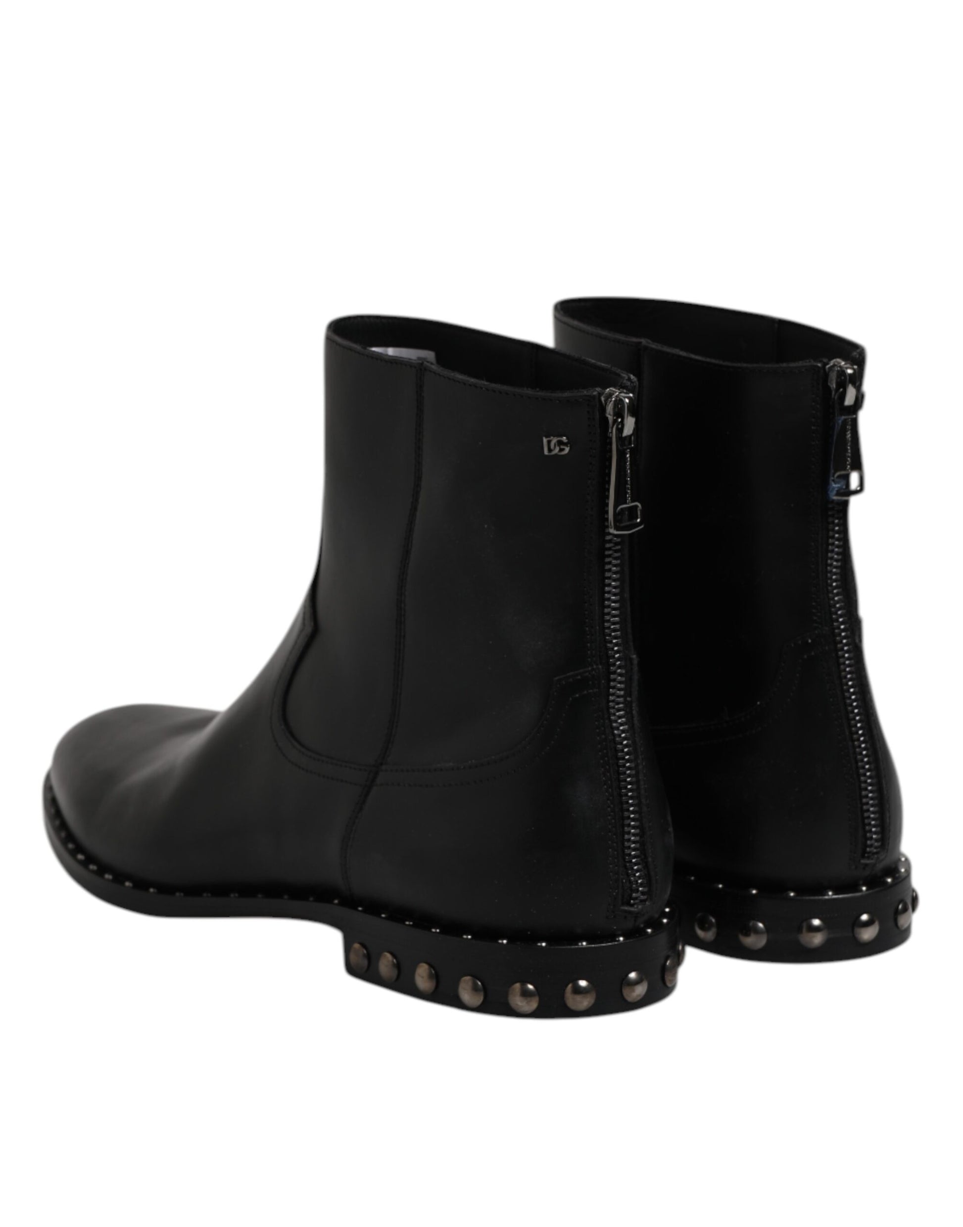 Black Leather Logo Ankle Boots Studded Shoes