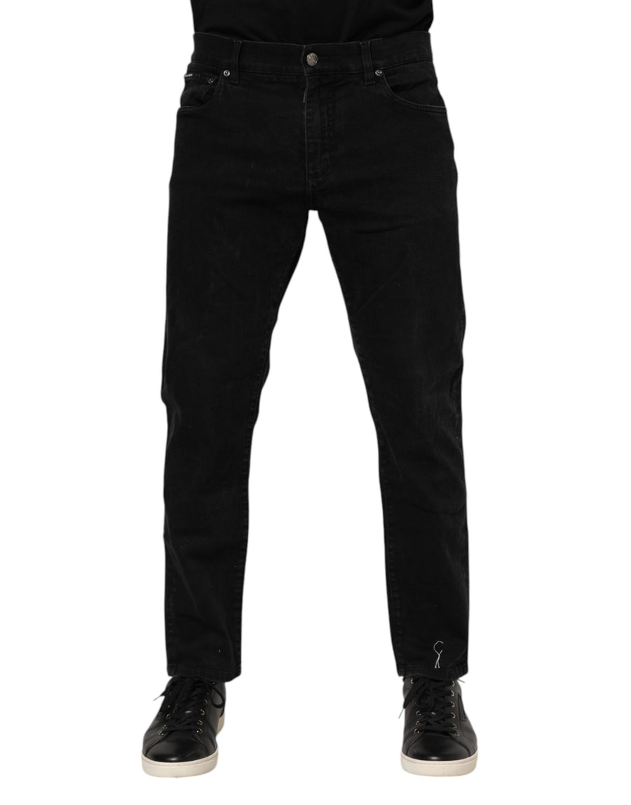 Black Cotton Logo Plaque Slim Fit Denim Jeans
