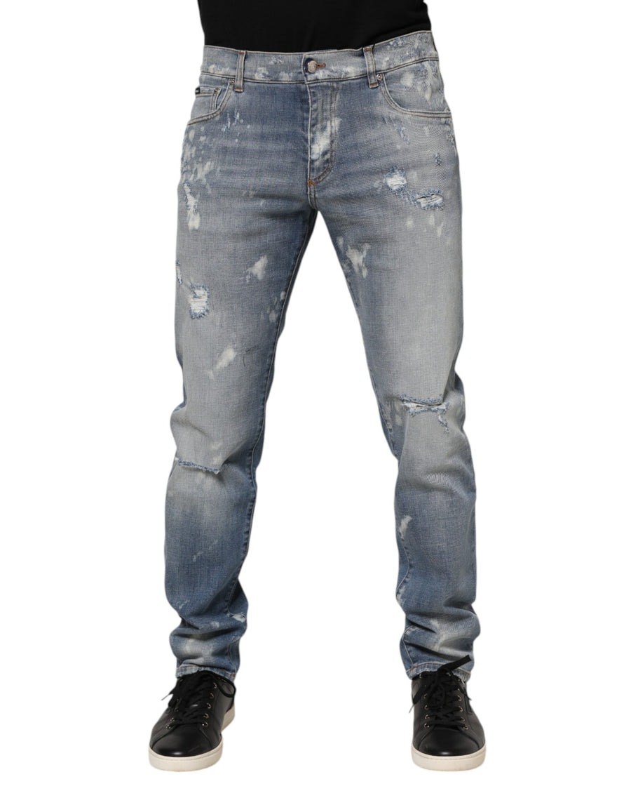 Blue Cotton Tattered Slim Fit Men Denim Jeans
