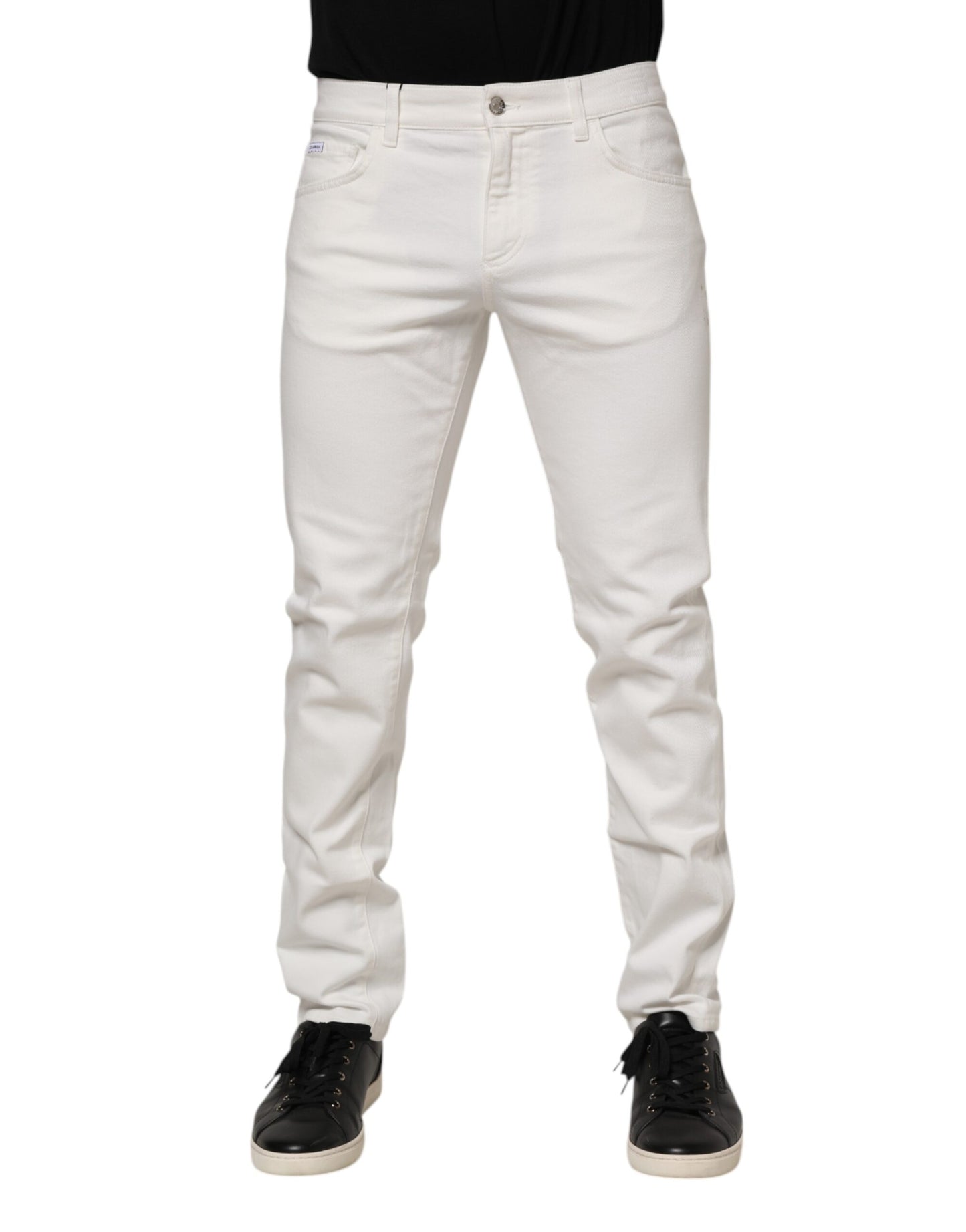 White Cotton Logo Plaque Slim Fit Denim Jeans