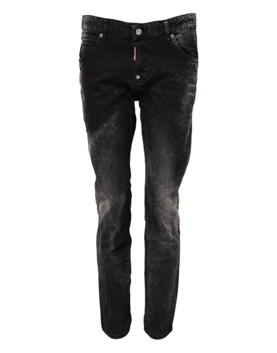 Black Washed Mid Waist Tapered Denim Jeans