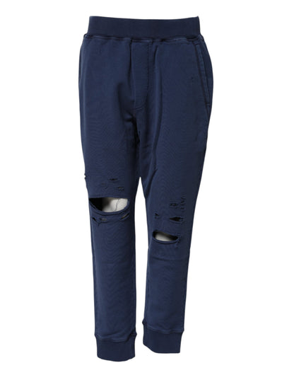 Blue Cotton Mid Waisted Jogger Pants