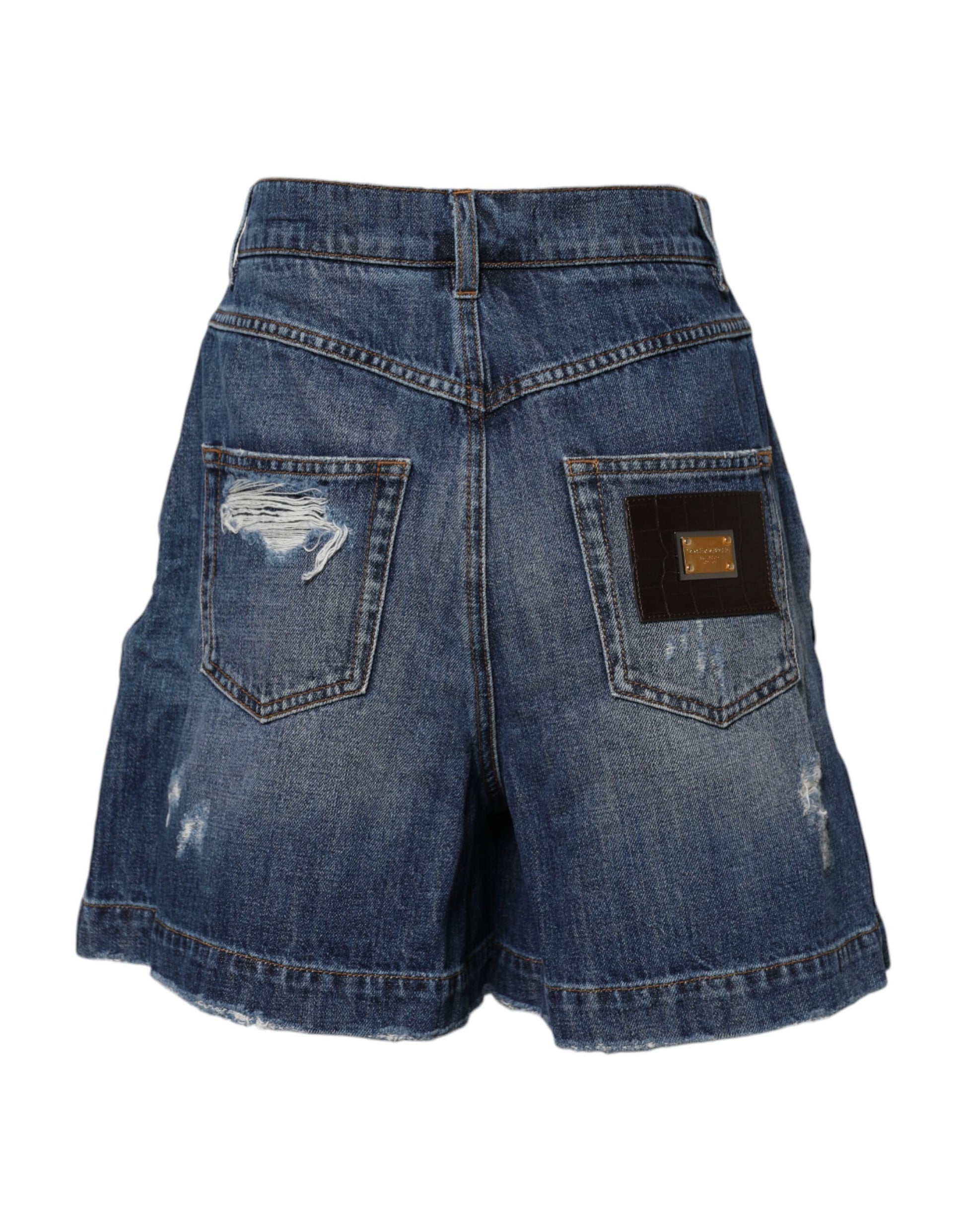 Blue Cotton Tattered Denim Bermuda Shorts
