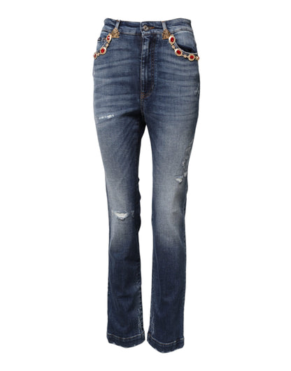 Blue Rhinestone Embellished Denim Jeans