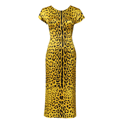 Yellow Polyester Leopard Midi Sheath Dress