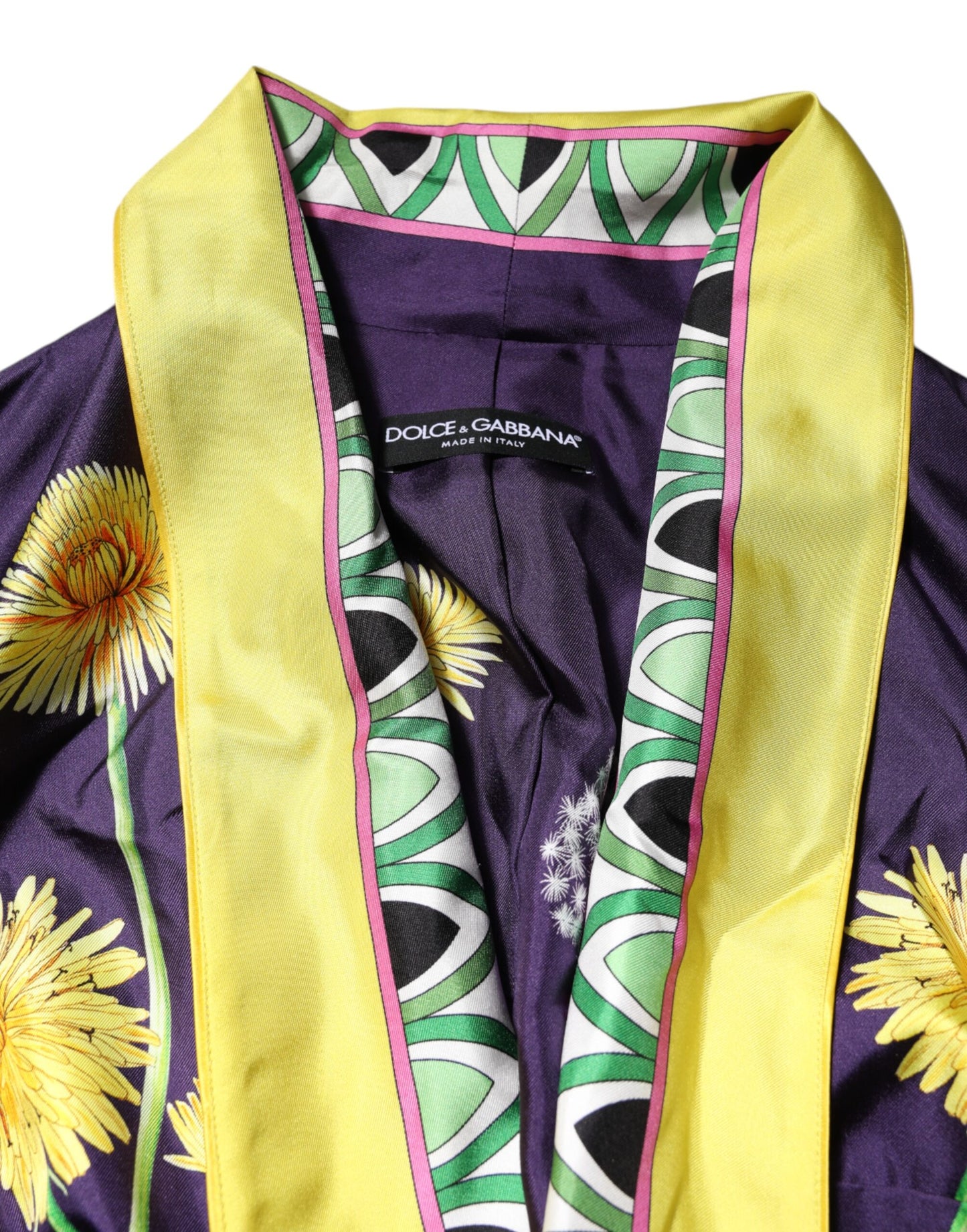 Blue Floral Print Silk Long Sleeves Wrap Robe