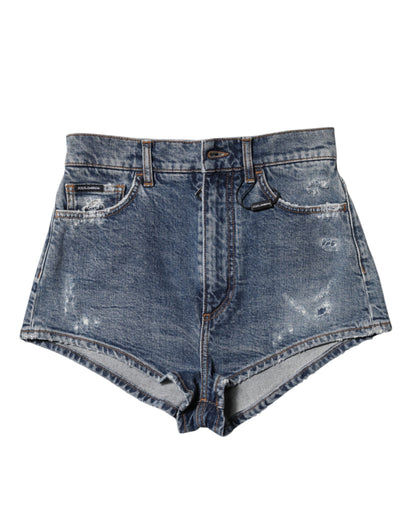 Blue Tattered Denim Cotton Hot Pants Shorts