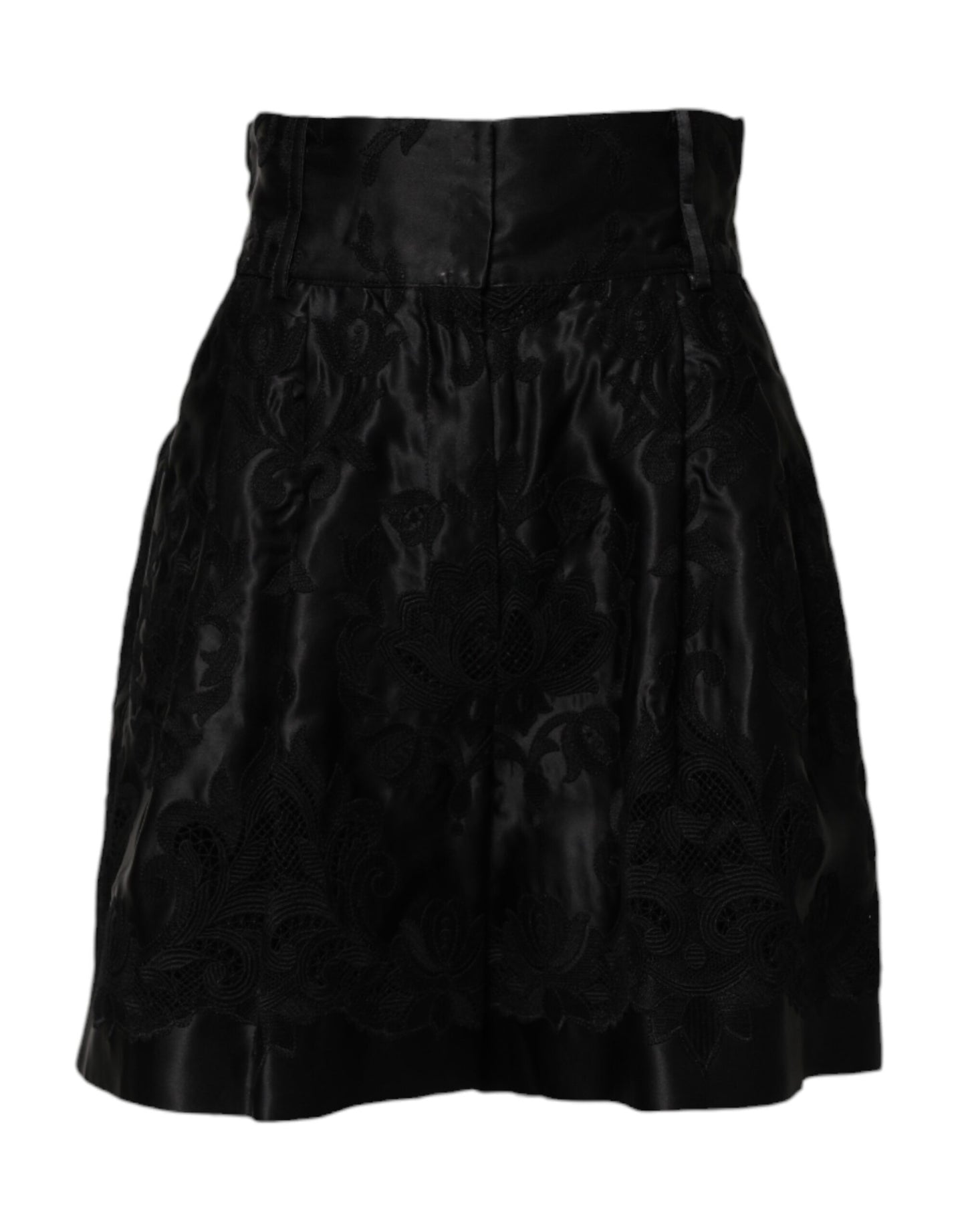 Black Floral Embroidery Silk High Waist Shorts