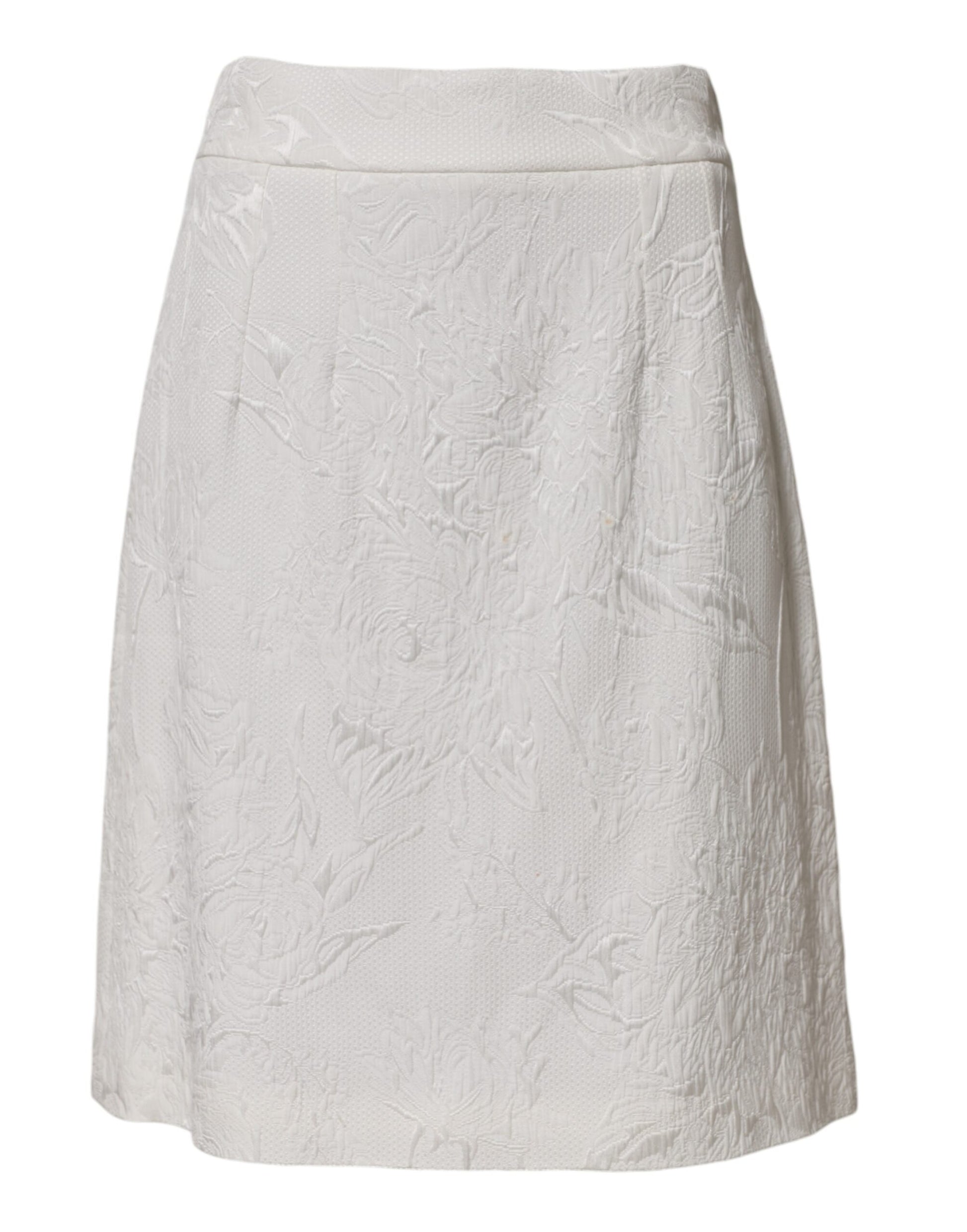 White Floral Brocade A-line High Waist Skirt