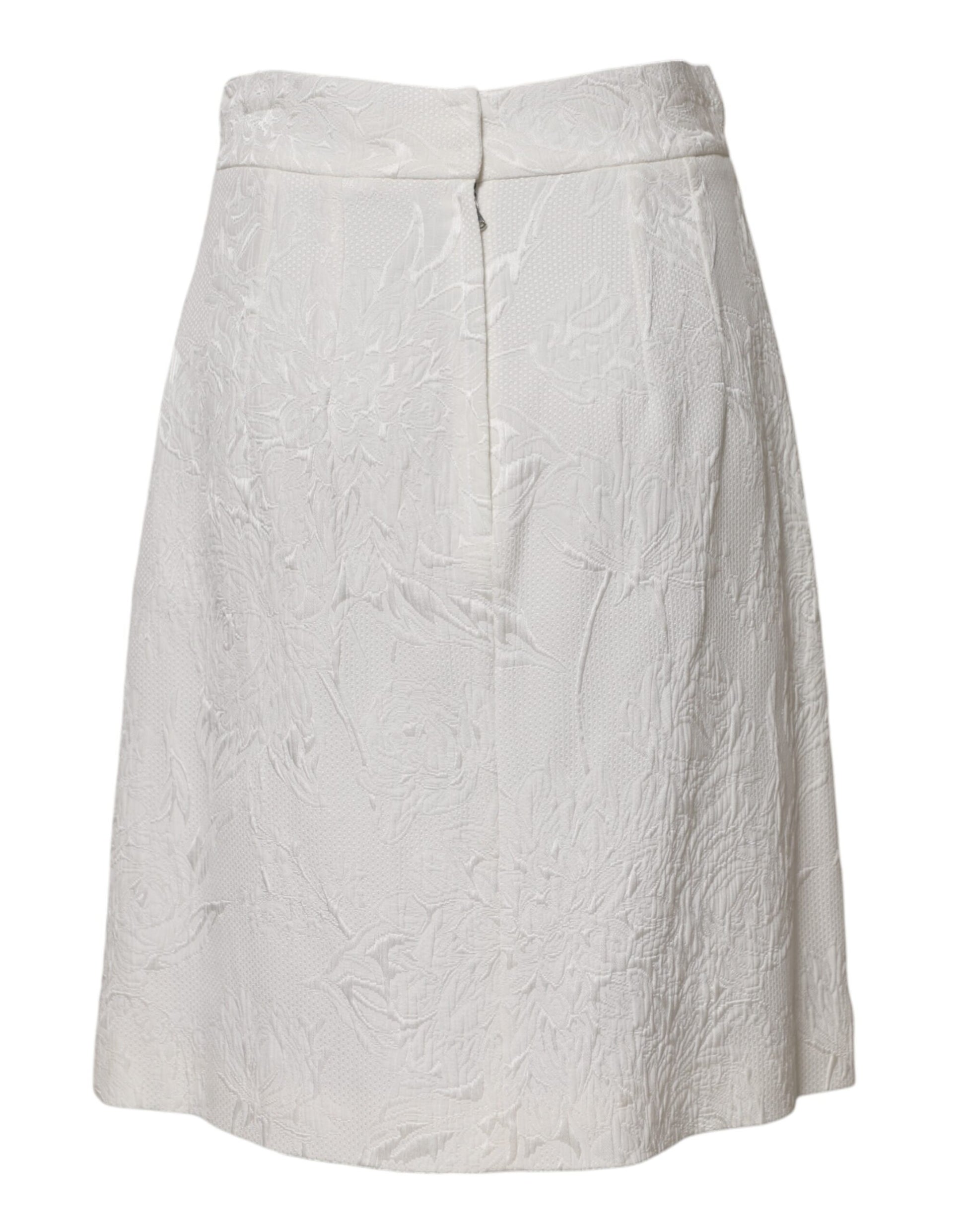 White Floral Brocade A-line High Waist Skirt